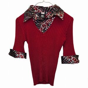 Vintage Studio 1940 Women's M Layered Button V Neck Stretch Knit Sweater Top Red